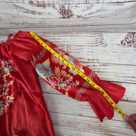 Free People Red Fleur Du Jour Mini Dress S Bold Floral Embroidered Boho Festival - Picture 14 of 14